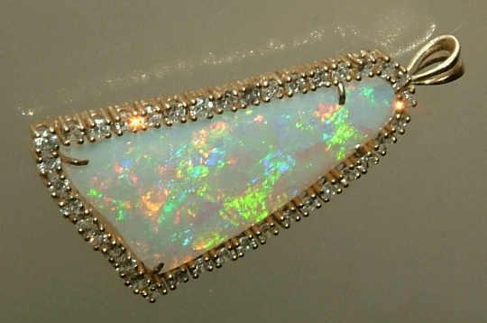 Australian Opal Diamond Halo Pendant Bell Shaped Yellow Gold 14kt - Gems by Gigi