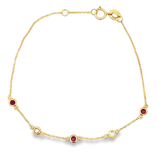 Ruby Diamond Station Bracelet 14kt Yellow Gold Adjustable
