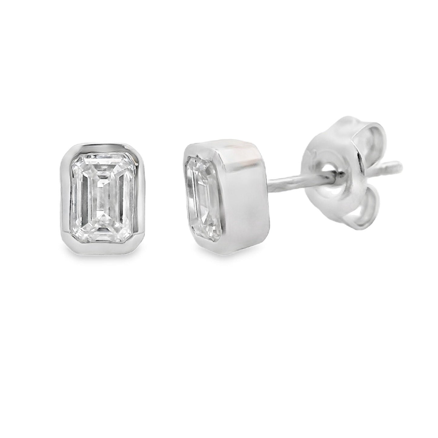 Bezel Set Emerald Cut Lab Grown Diamond Stud Earrings Sterling Silver