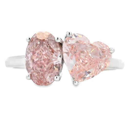 Heart Oval Pink Lab Grown Diamond Two Stone Engagement Ring White Gold 14kt 3cttw - Gems by Gigi