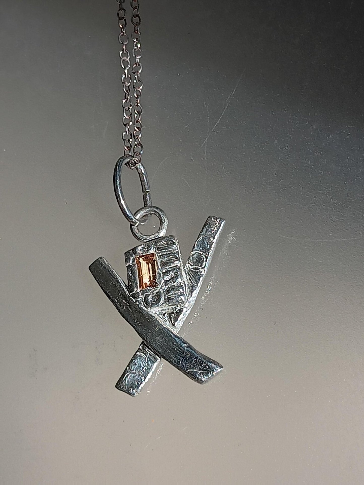 Modern Geometric X Pendant Baguette Cut Peach Padparadscha Sapphire 0.20ct Fine Silver Handmade - Gems by Gigi