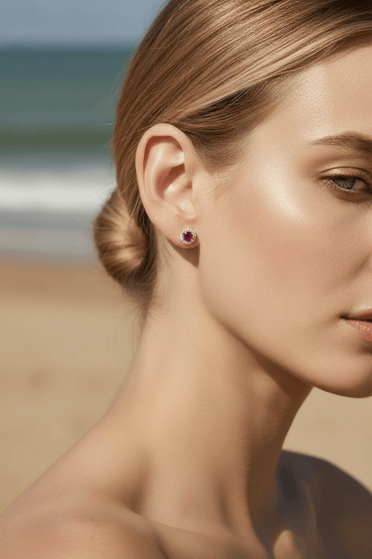 Ruby Diamond Halo Stud Earrings Rose Gold 10kt - Gems by Gigi