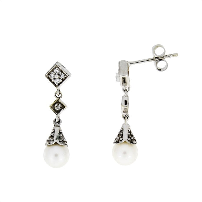 Freshwater Pearl Diamond Dangle Earrings White Gold 10kt