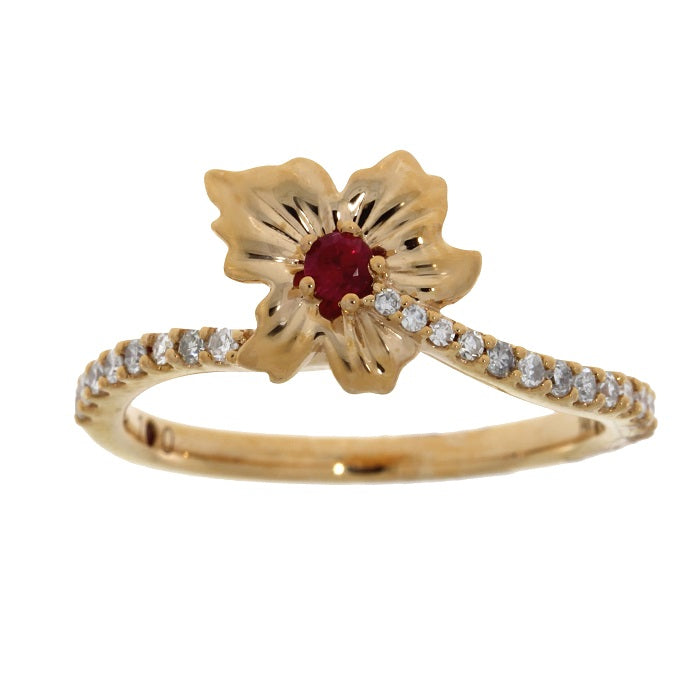 Hibiscus Ruby Diamond Flower Band Ring Rose Gold 14kt