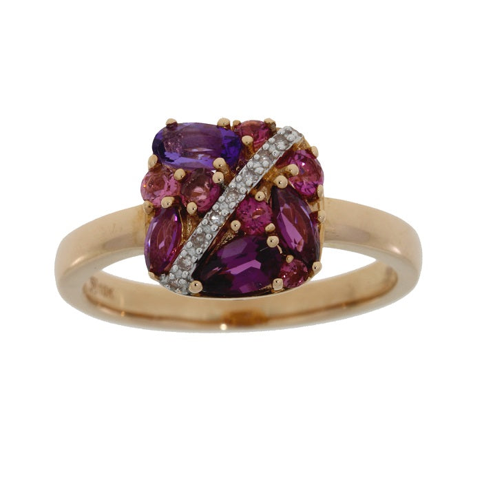 Cluster cushion amethyst garnet ring rose gold