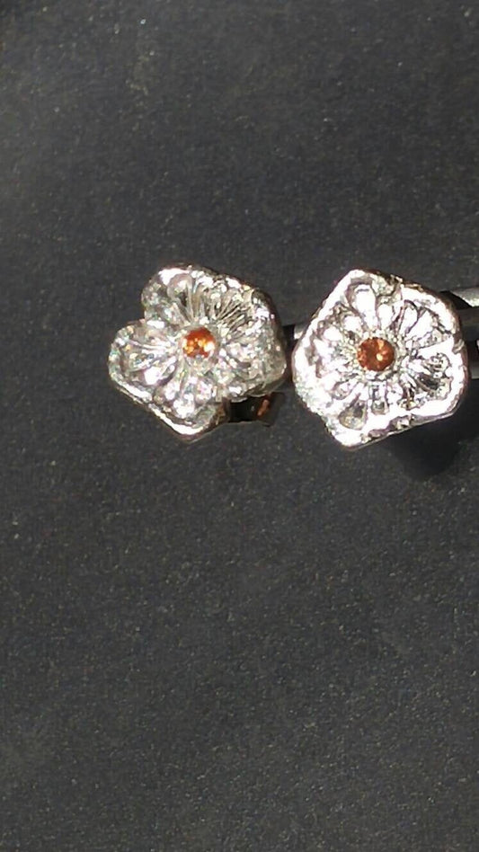 Orange Sapphire Flower Stud Earrings Padparadscha Fine Silver