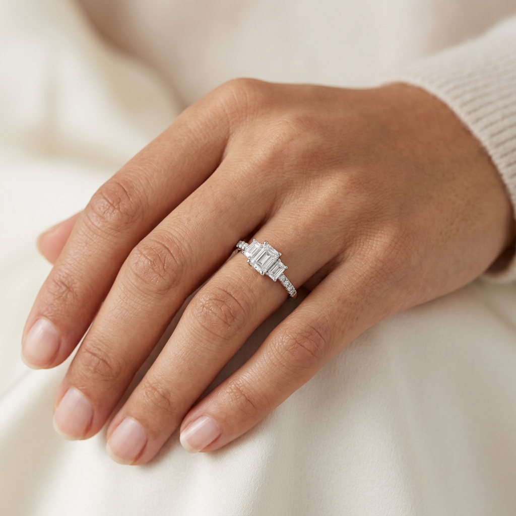 1.00ct lab grown emerald cut 3-stone diamond ring in 14K white gold