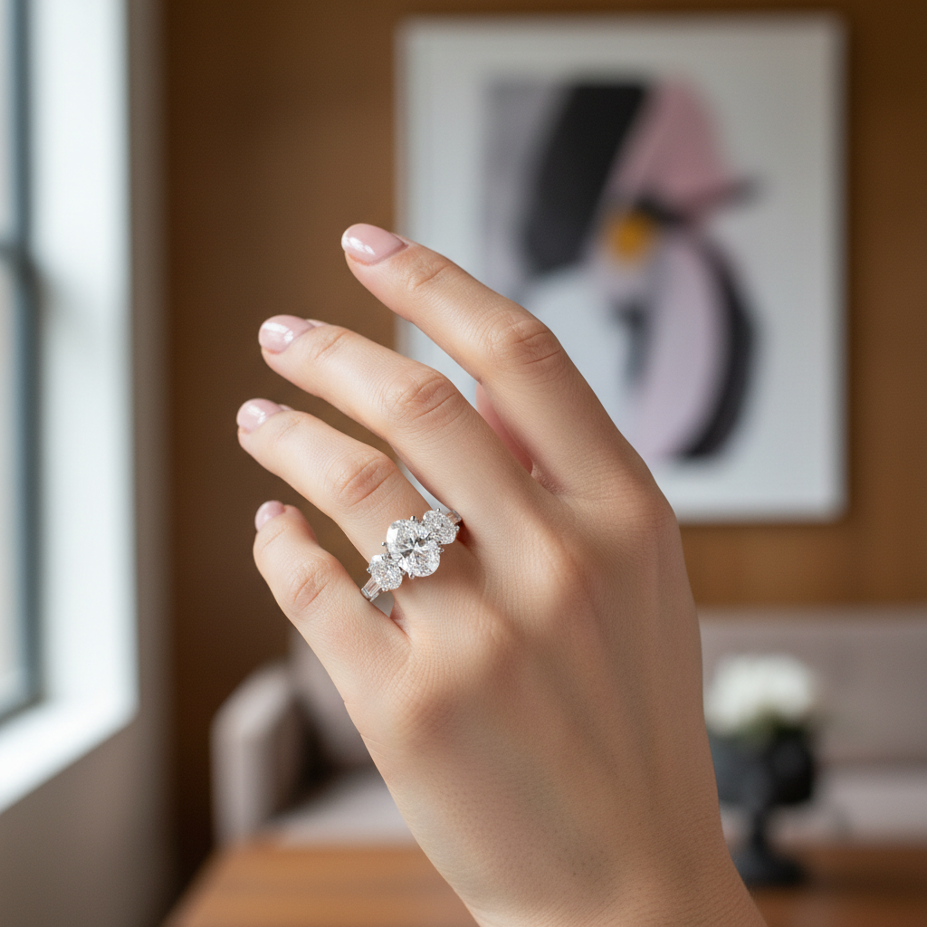 A close-up of a hand wearing a silver-toned ring with a floral cluster center stone and smaller side stones, set against a softly blurred indoor background.