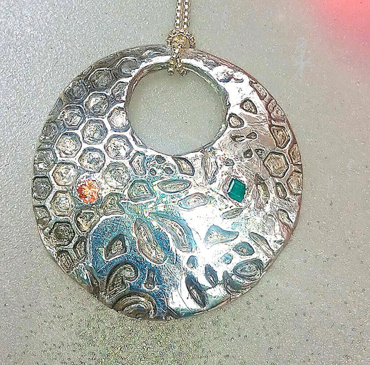 Honeycomb Leaf Pendant Padparadscha Sapphire Emerald Fine Silver