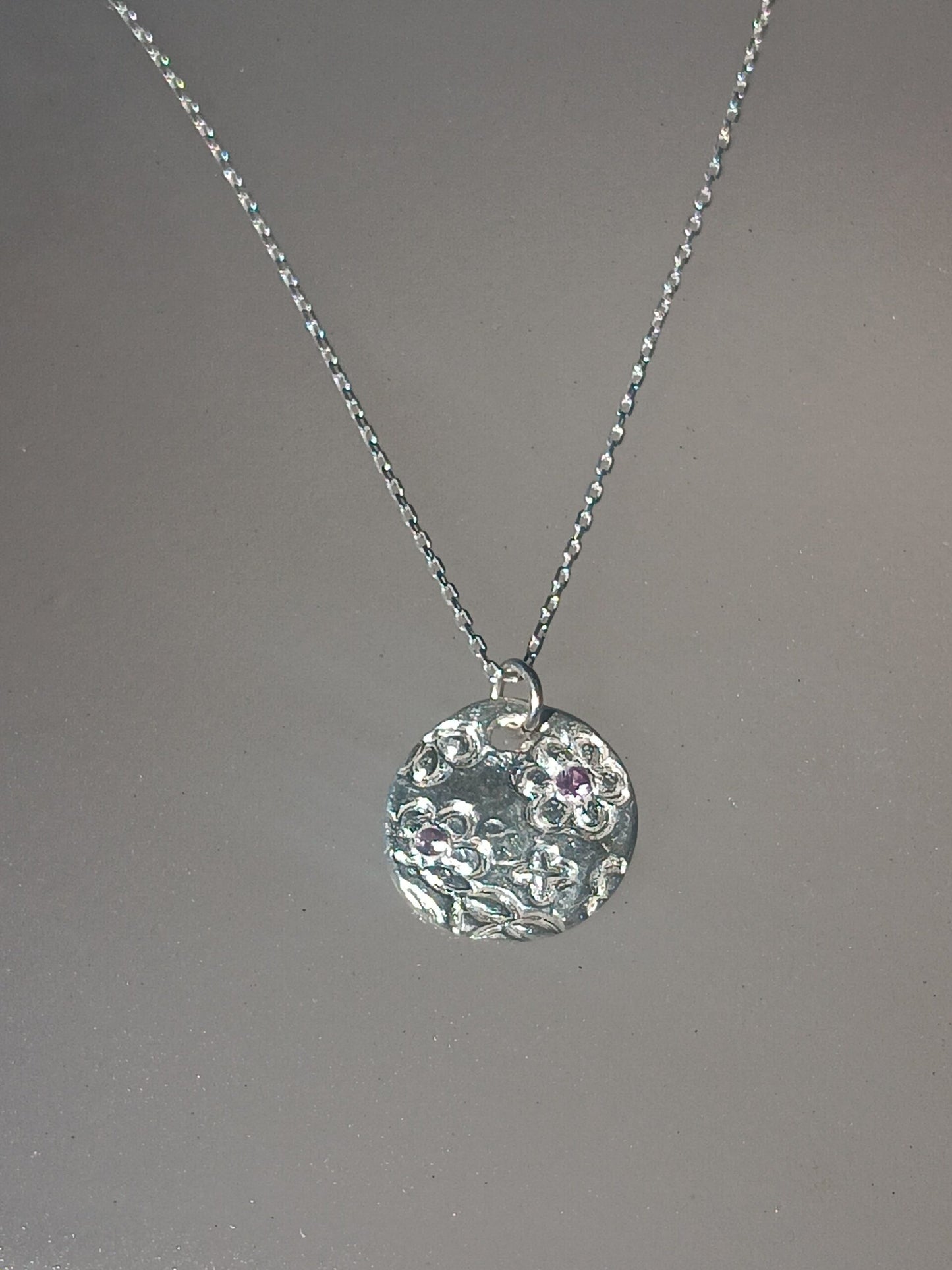 Pink Sapphire Flower Pendant Fine Silver with Sterling Silver Chain