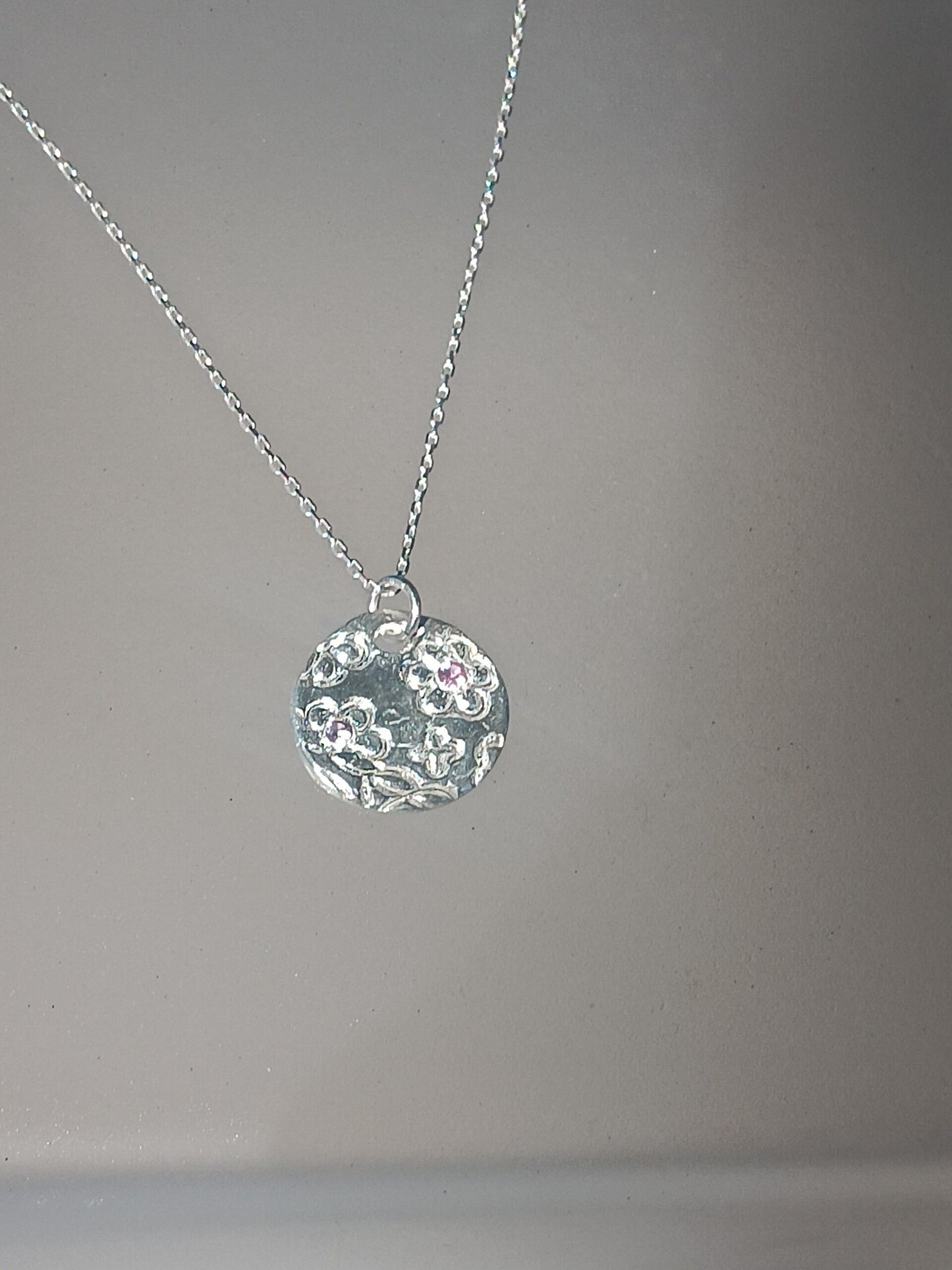 Pink Sapphire Flower Pendant Fine Silver with Sterling Silver Chain