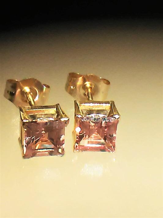Padparadscha Sapphire Stud Earrings Square Princess 14kt