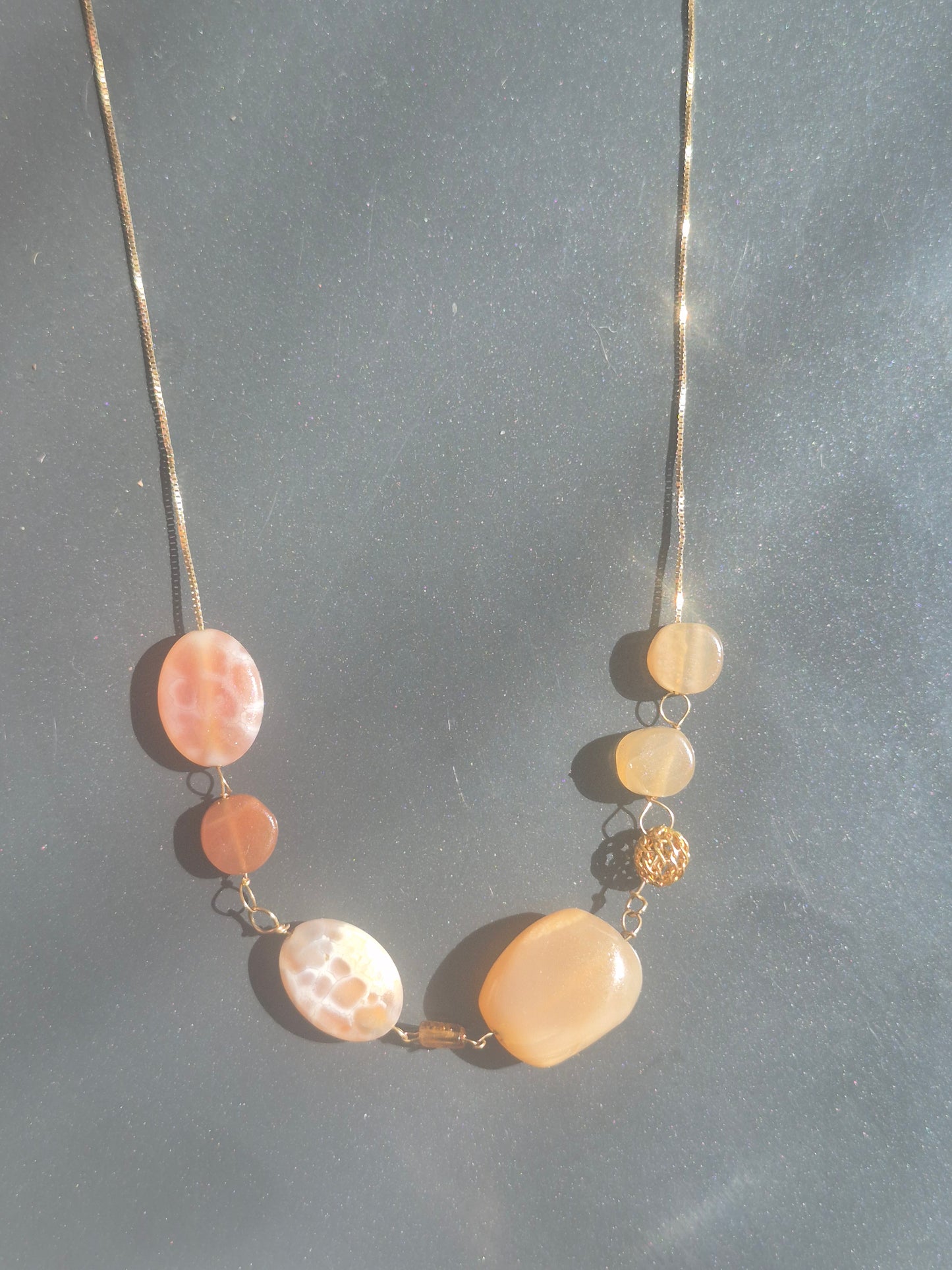 Carnelian Peach Moonstone Necklace, Solid 10kt Yellow Gold, 22 Inches
