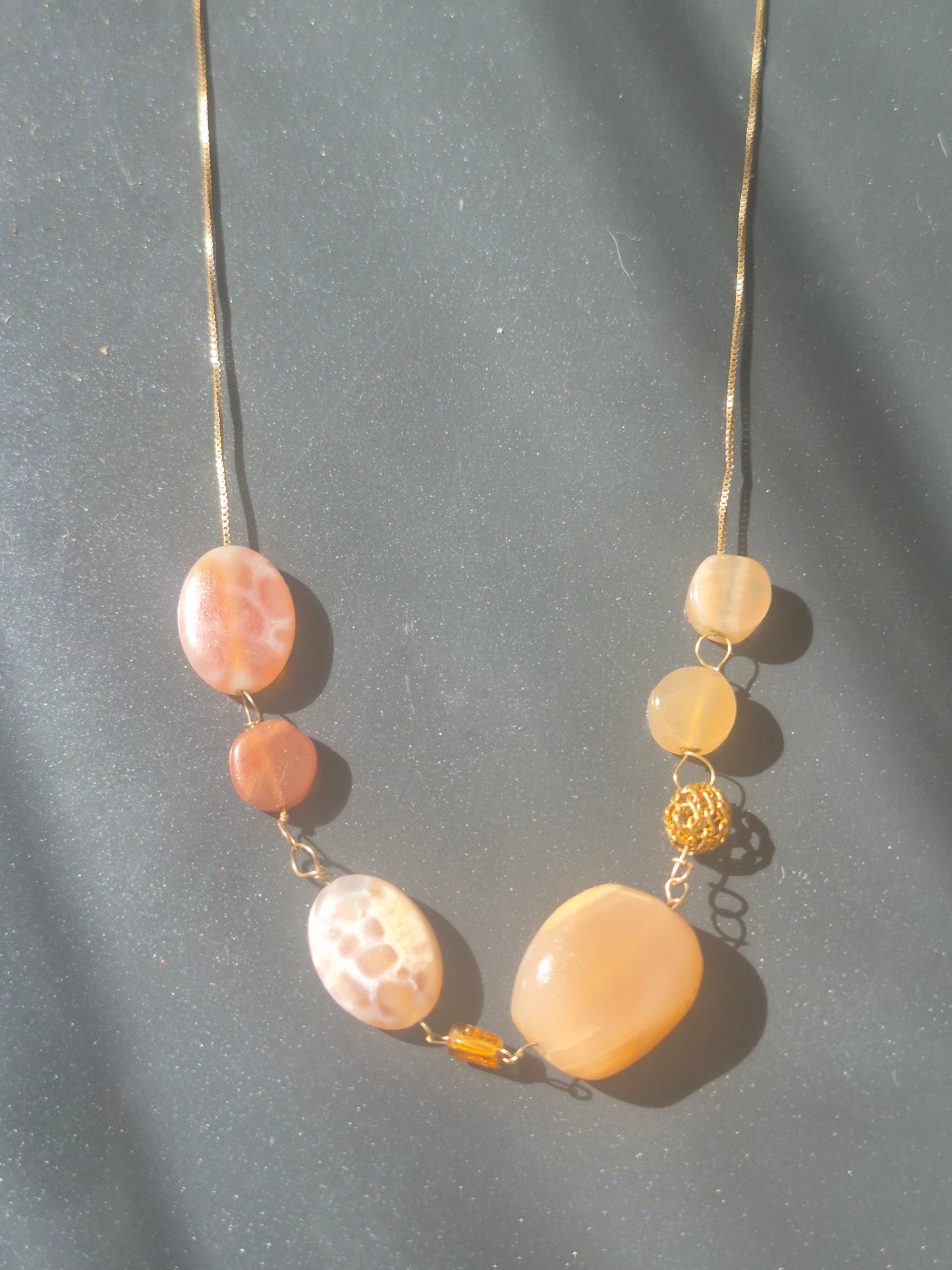 Carnelian Peach Moonstone Necklace, Solid 10kt Yellow Gold, 22 Inches