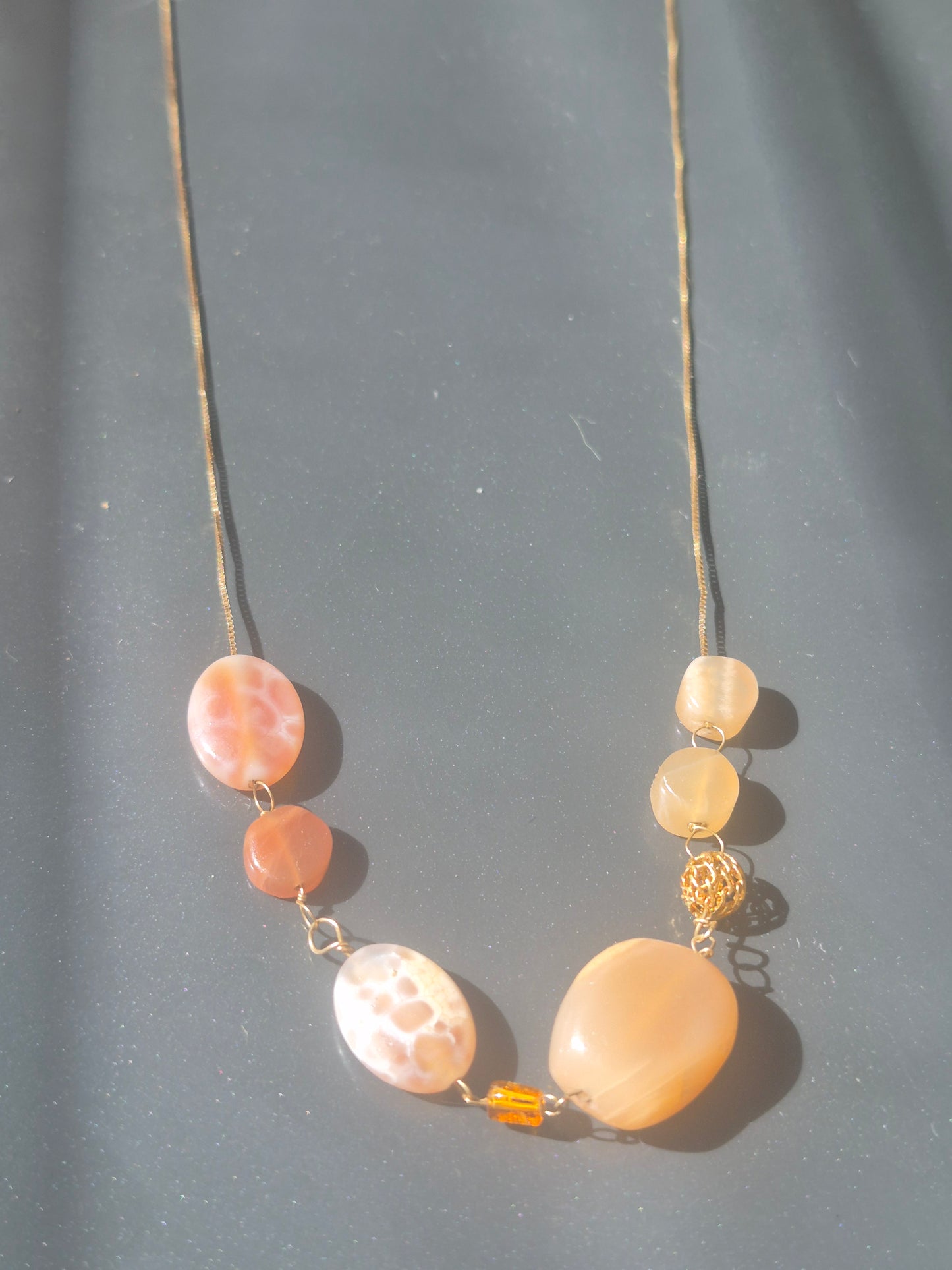 Carnelian Peach Moonstone Necklace, Solid 10kt Yellow Gold, 22 Inches