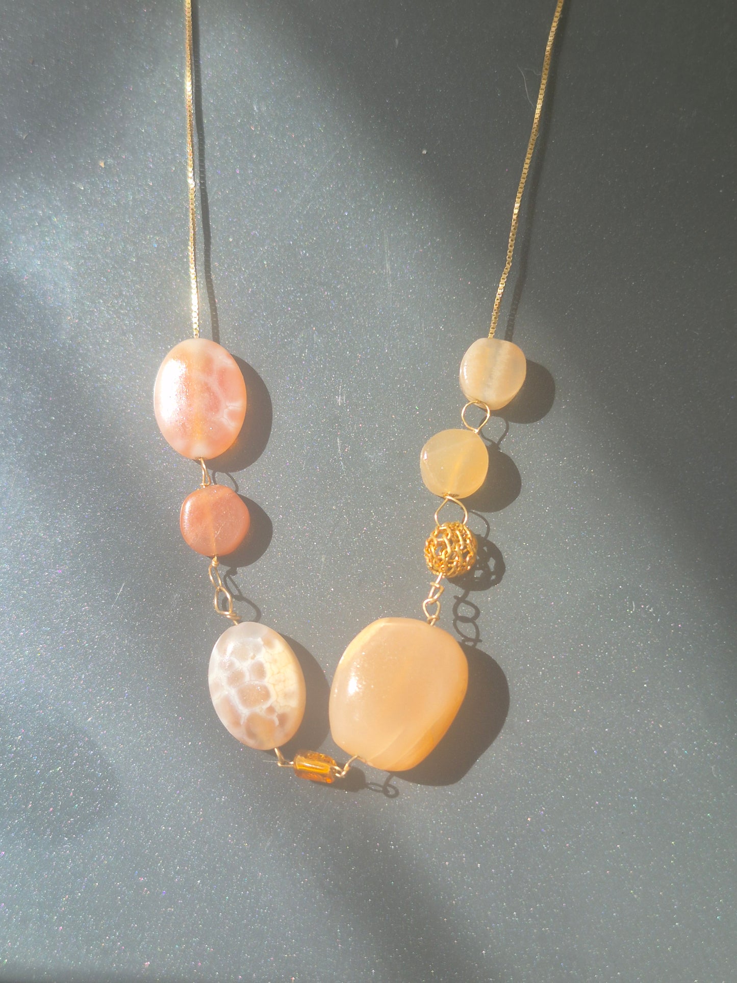 Carnelian Peach Moonstone Necklace, Solid 10kt Yellow Gold, 22 Inches