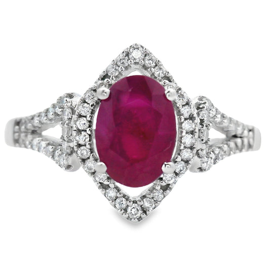 1.26ct Ruby Diamond Halo Ring 14kt White Gold - Gems by Gigi