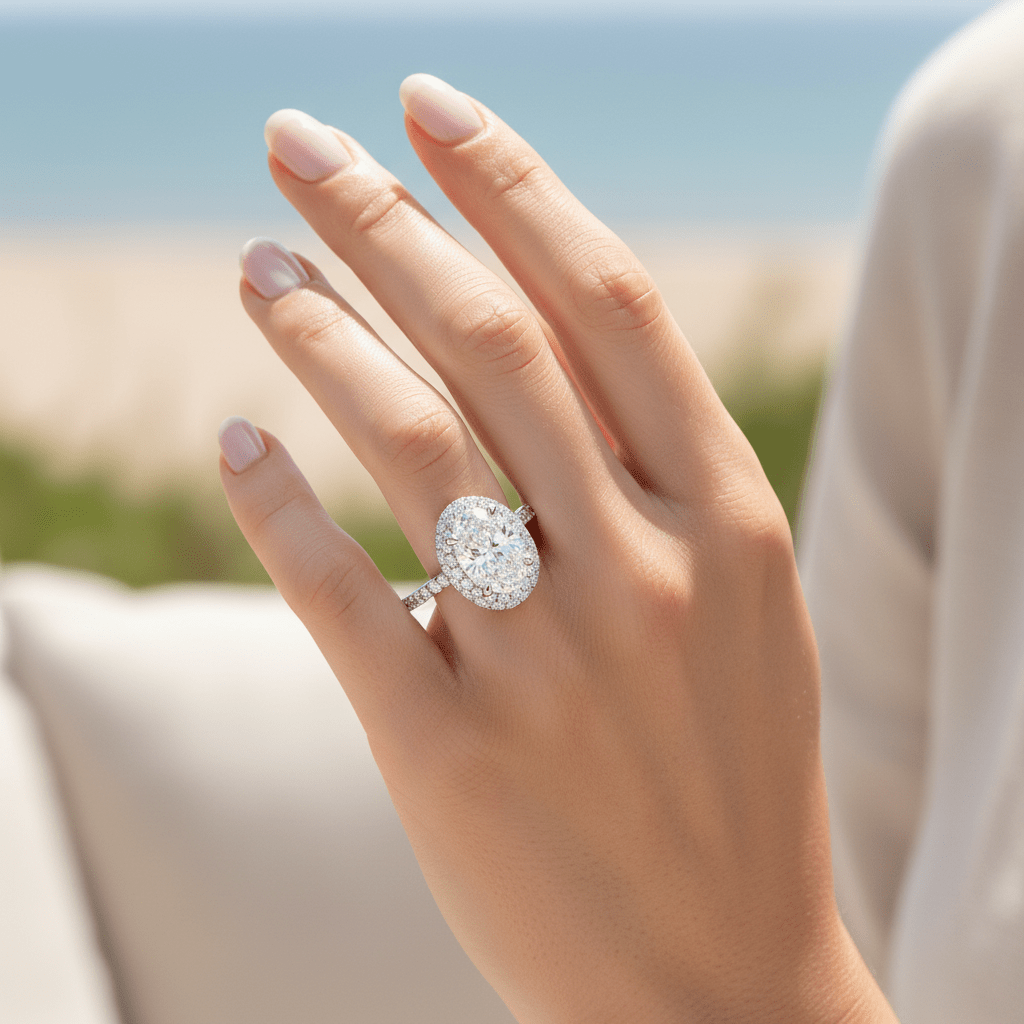 1.50ct Oval Lab Grown Diamond Halo Engagement Ring White Gold 14kt - Gems by Gigi