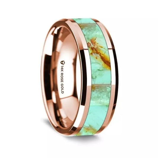 Mens Wedding Band 14kt Rose Gold Turquoise Inlay 8mm