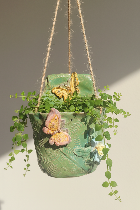 Handmade Ceramic Butterfly Flower Wall Pocket, Green Leaf Texture Home Decor