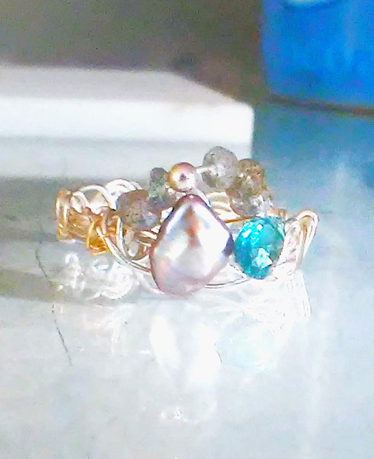 Pearl Ring Indicolite Tourmaline Labradorite Sterling Silver 18kt Gold