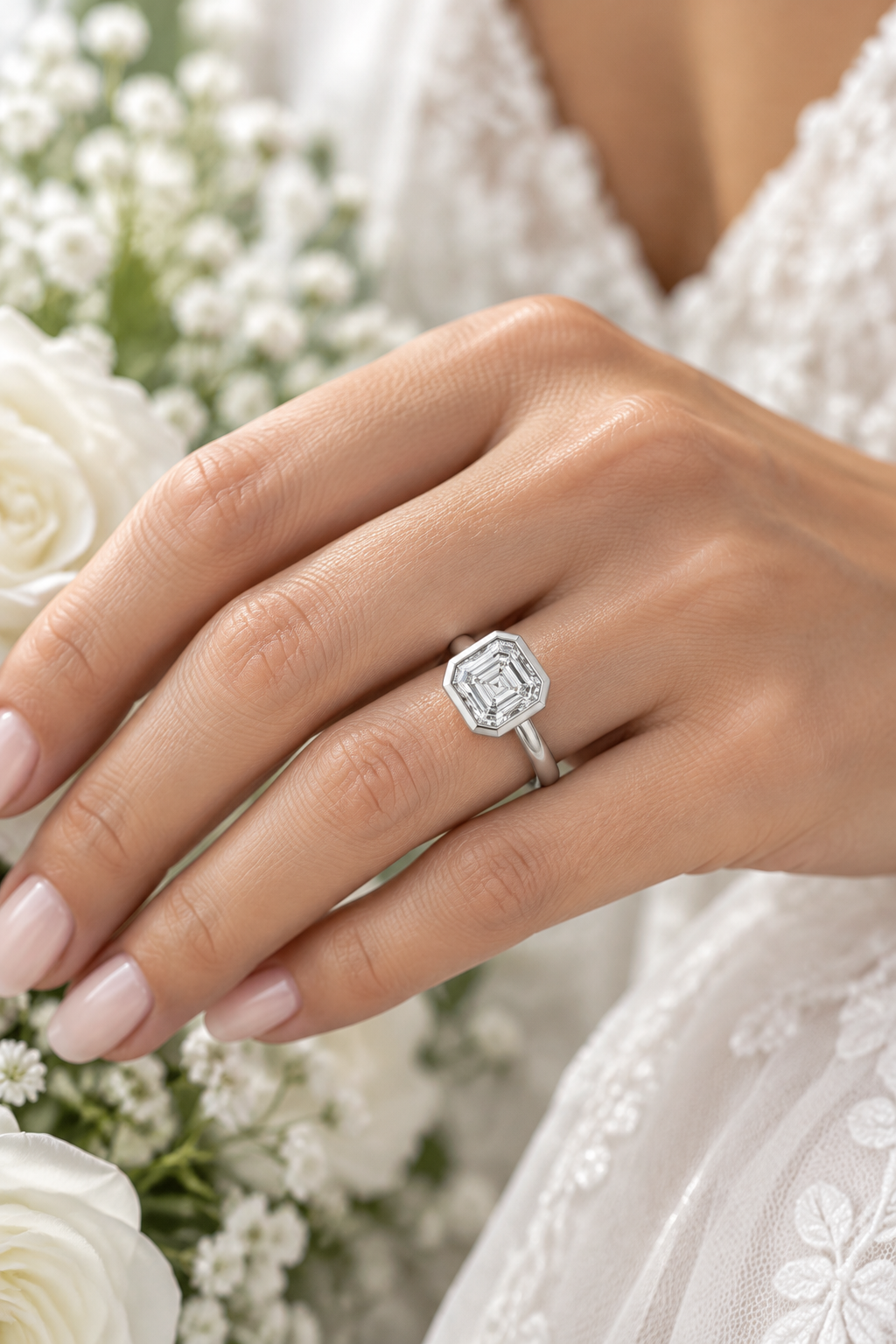 A close-up of a hand wearing a silver ring with a square-cut clear gemstone, styled with white lace clothing and white roses in the background.