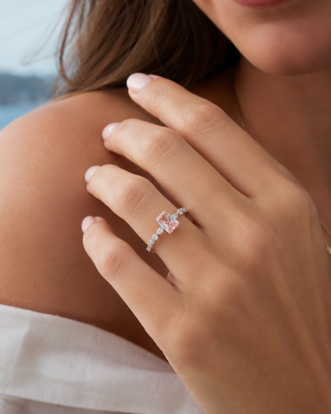 2.25ct pink lab grown diamond radiant cut ring in 14kt white gold, close-up detail