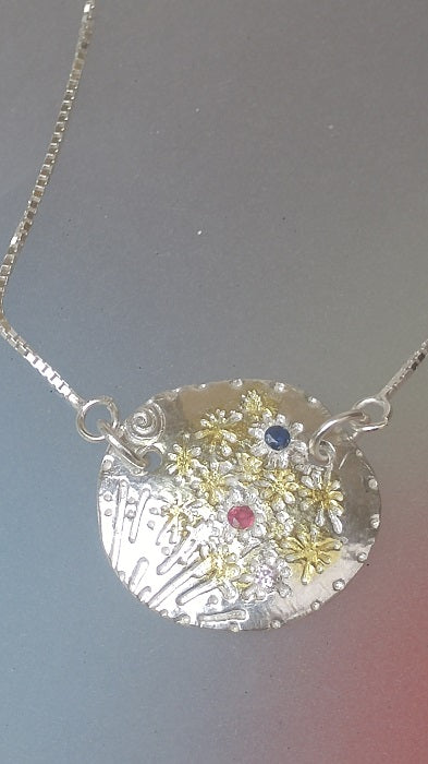 Ruby Sapphire Fireworks Medallion Necklace Silver 22kt