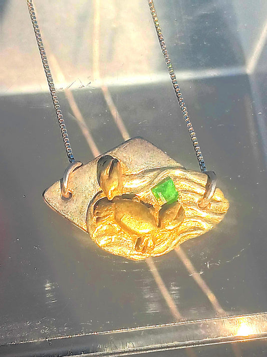 Crab Emerald Pendant Necklace Fine Silver 22kt Gold