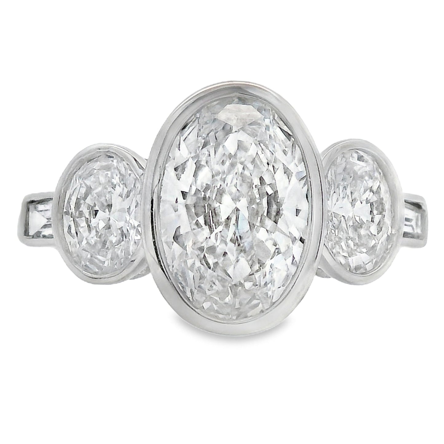 2.75ct Oval Lab Grown Diamond Three Stone Bezel Ring 14kt White Gold - Gems by Gigi