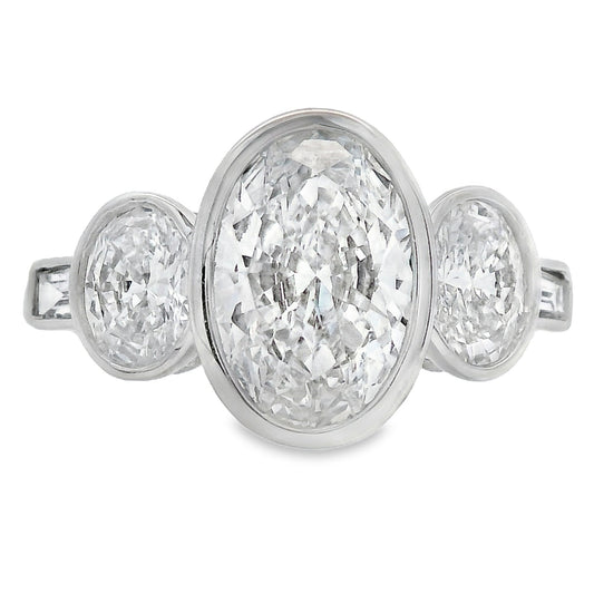 2.75ct Oval Lab Grown Diamond Three Stone Bezel Ring 14kt White Gold - Gems by Gigi
