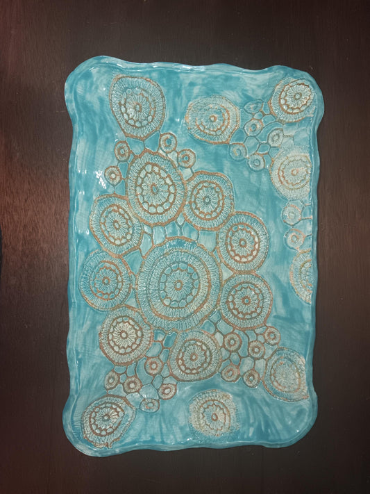 Ceramic Platter Plate Circles Handmade Turquoise and Tan