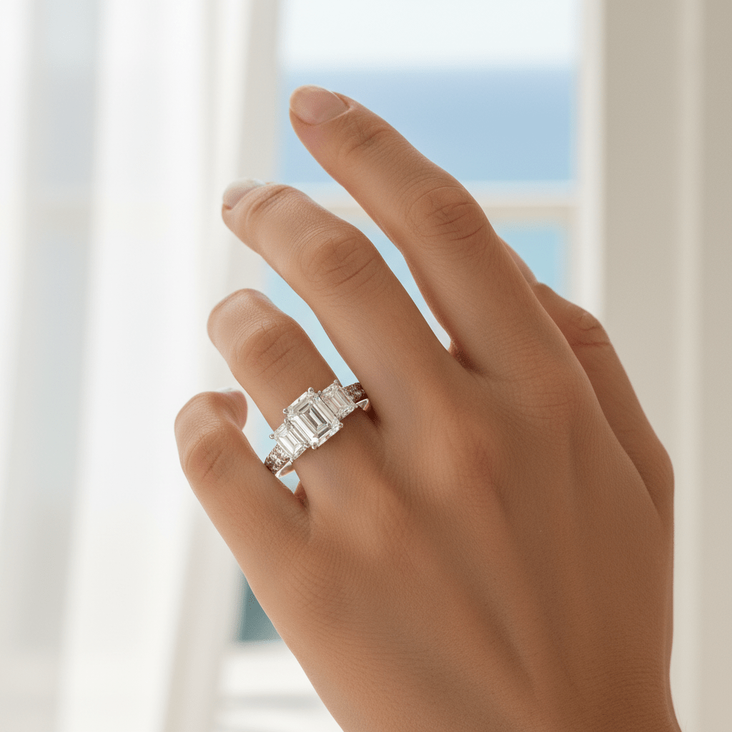 2ct Lab Grown Diamond Three-Stone Emerald Cut Ring 14kt White Gold - Gems by Gigi