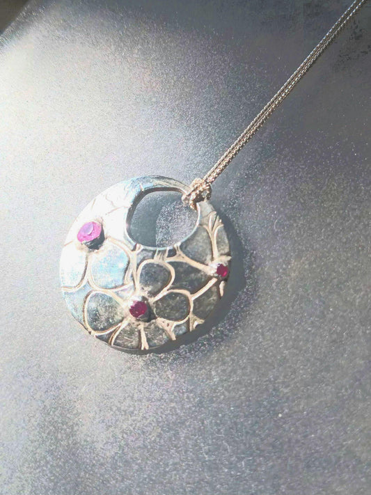 Pink Sapphire Ruby Flower Pendant Fine Silver with Sterling Silver Chain