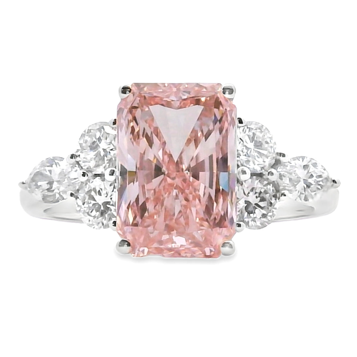 3.75ct total pink radiant lab grown diamond engagement ring in 14K white gold with round and marquise accents