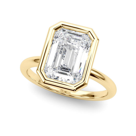 3ct Lab Grown Diamond Emerald Cut Bezel Set Solitaire Engagement Ring 14kt Yellow Gold - Gems by Gigi