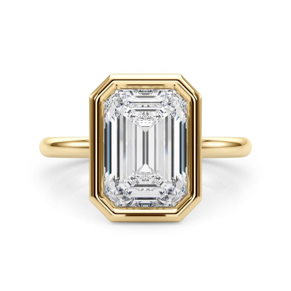 3ct Lab Grown Diamond Emerald Cut Bezel Set Solitaire Engagement Ring 14kt Yellow Gold - Gems by Gigi