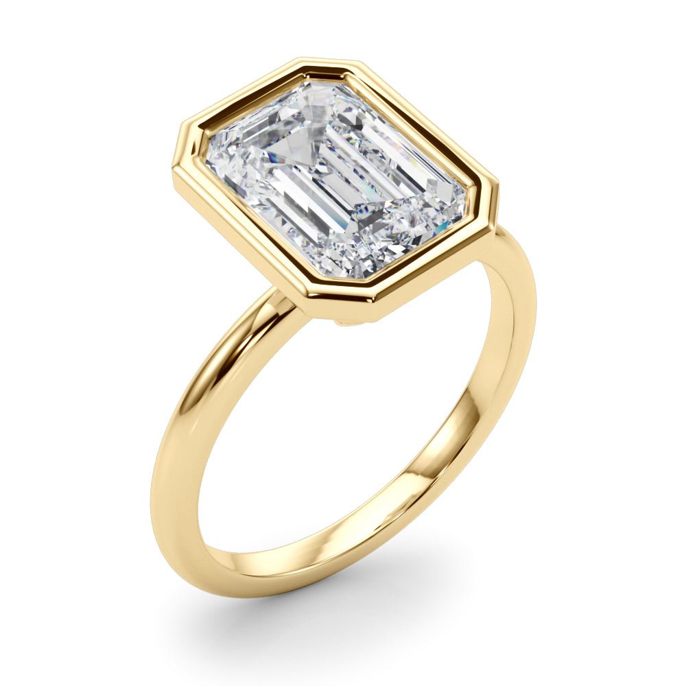 3ct Lab Grown Diamond Emerald Cut Bezel Set Solitaire Engagement Ring 14kt Yellow Gold - Gems by Gigi