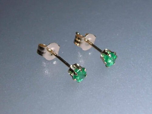 3mm Columbian Emerald Solitaire Stud Earrings 14kt Yellow Gold - Gems by Gigi