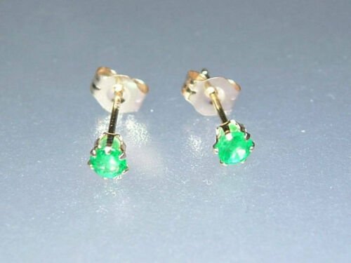 3mm Columbian Emerald Solitaire Stud Earrings 14kt Yellow Gold - Gems by Gigi