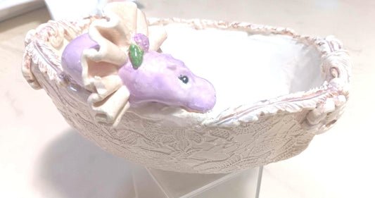 Ceramic Bowl Scalloped edges Purple Hippo Tutu Lace Detail Handmade Fun Décor