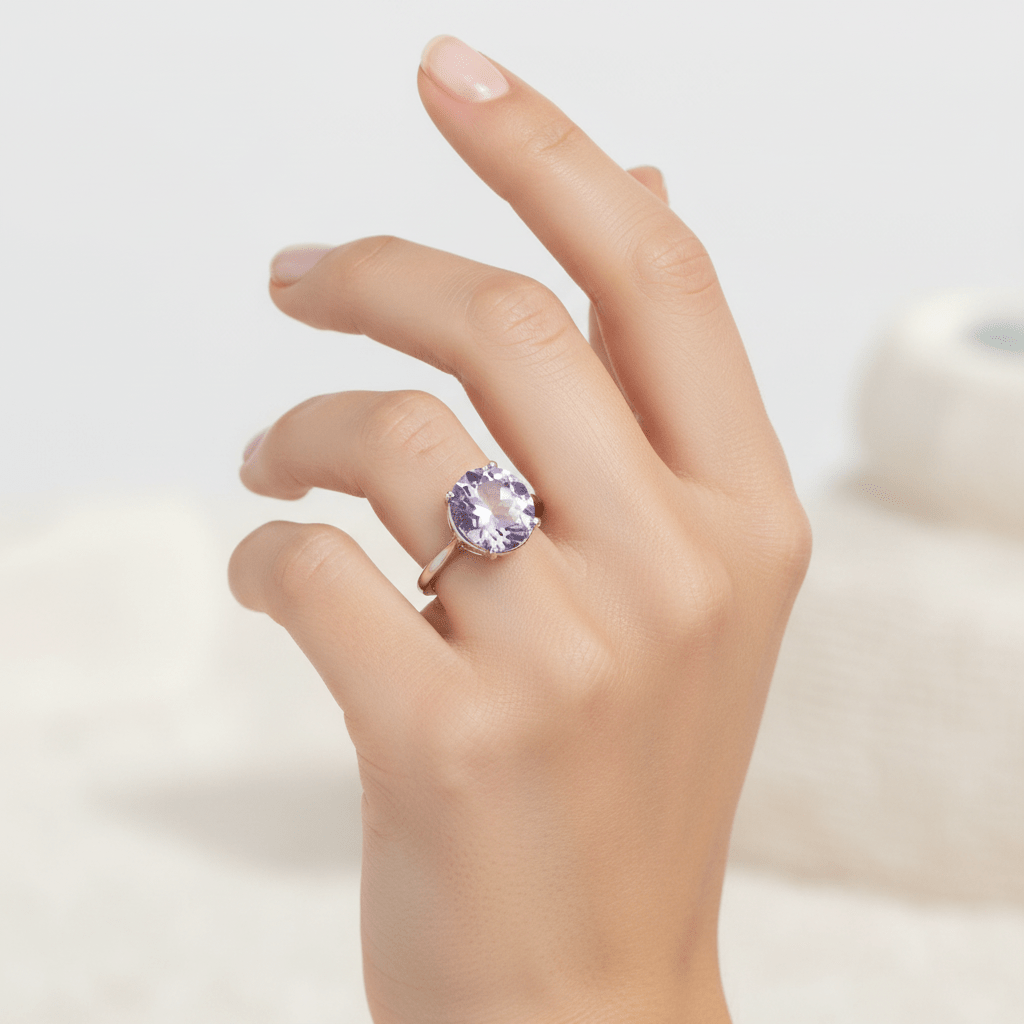 4.75ct Amethyst Solitaire Ring Sterling Silver Round Cut Purple Statement Ring - Gems by Gigi