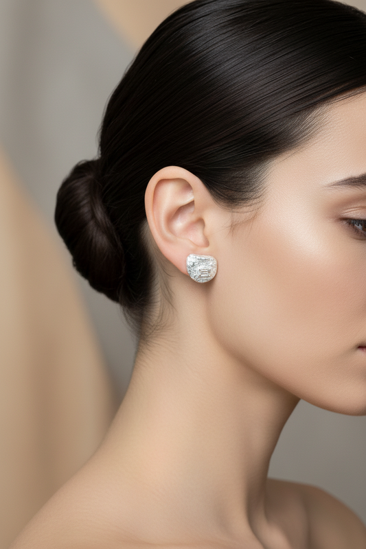 Fan Shape Baguette Peach Sapphire Studs Earrings Fine Silver 14kt