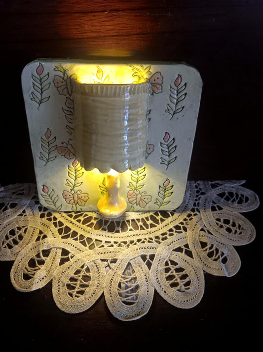 Ceramic Square Tile Wall Lamp Flowers Lime Pink Yellow Lights Up