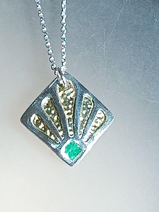 Square Emerald Two Tone Peacock Pendant Fine Silver 22kt Gold