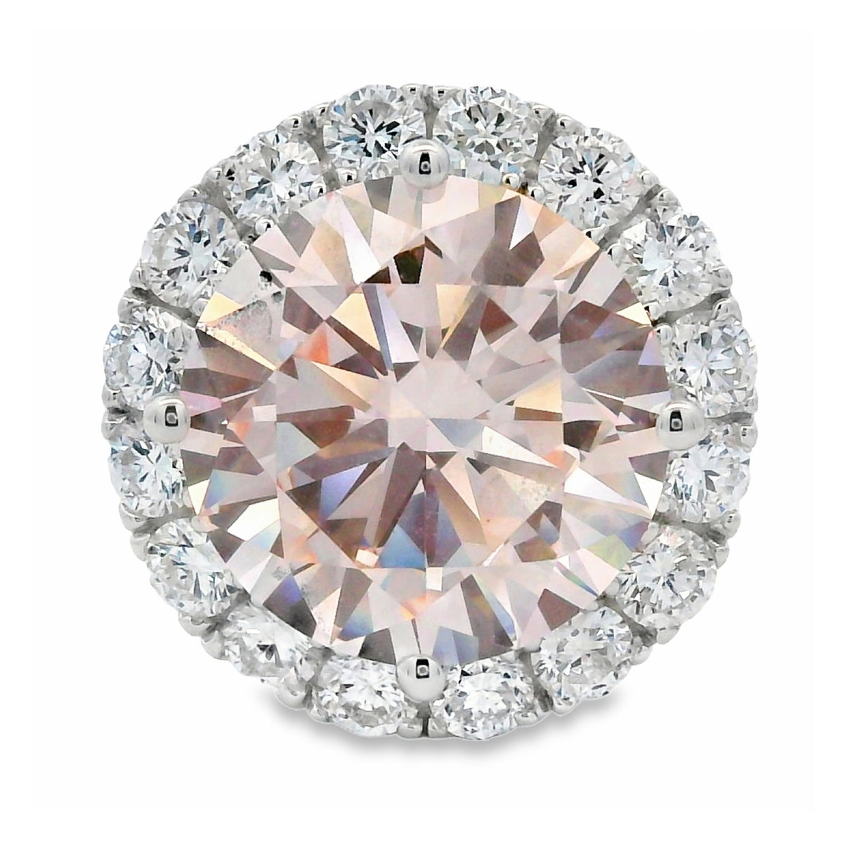 6.00 ctw pink lab-grown diamond halo pendant in 14KT white gold, top view of round pink center stone and white diamond halo