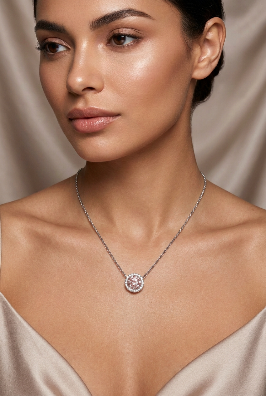 Woman wearing 6.00 ctw pink lab-grown diamond halo pendant on white gold rolo chain