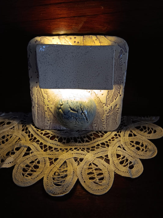 Handmade Ceramic Tile Lamp with Feather Accents and Blue Sphere, Boho Wall Décor