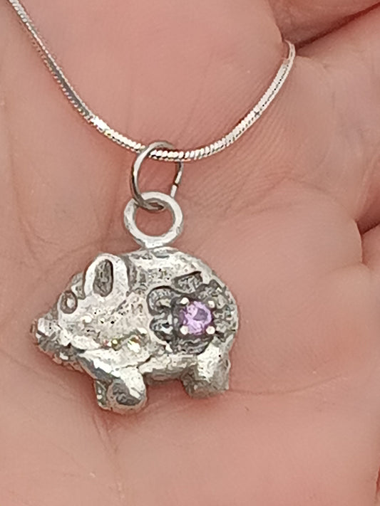 Pink Sapphire Pig Pendant Sterling Silver with Chain