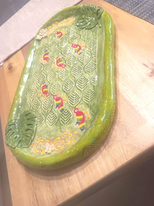 Colorful Parrots Flower Leaf Monstera Ceramic Platter